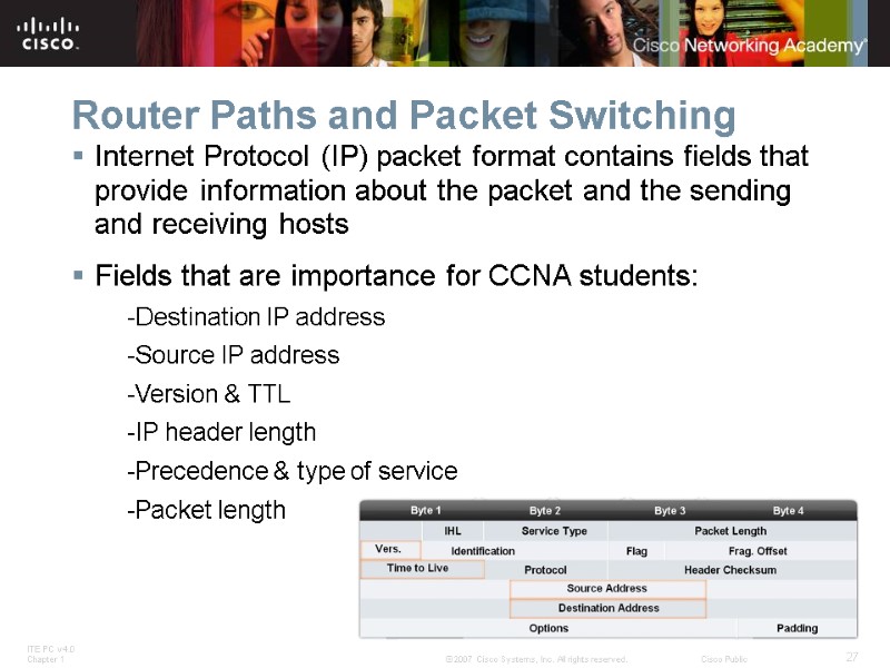 Router Paths and Packet Switching Internet Protocol (IP) packet format contains fields that provide